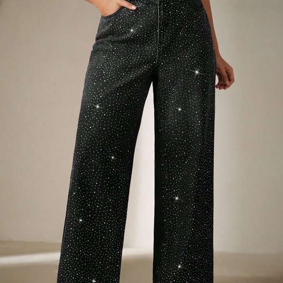 Black Casual Women's Rhinestud Wide Leg Plus Size Jeans - Picture 4 of 5
